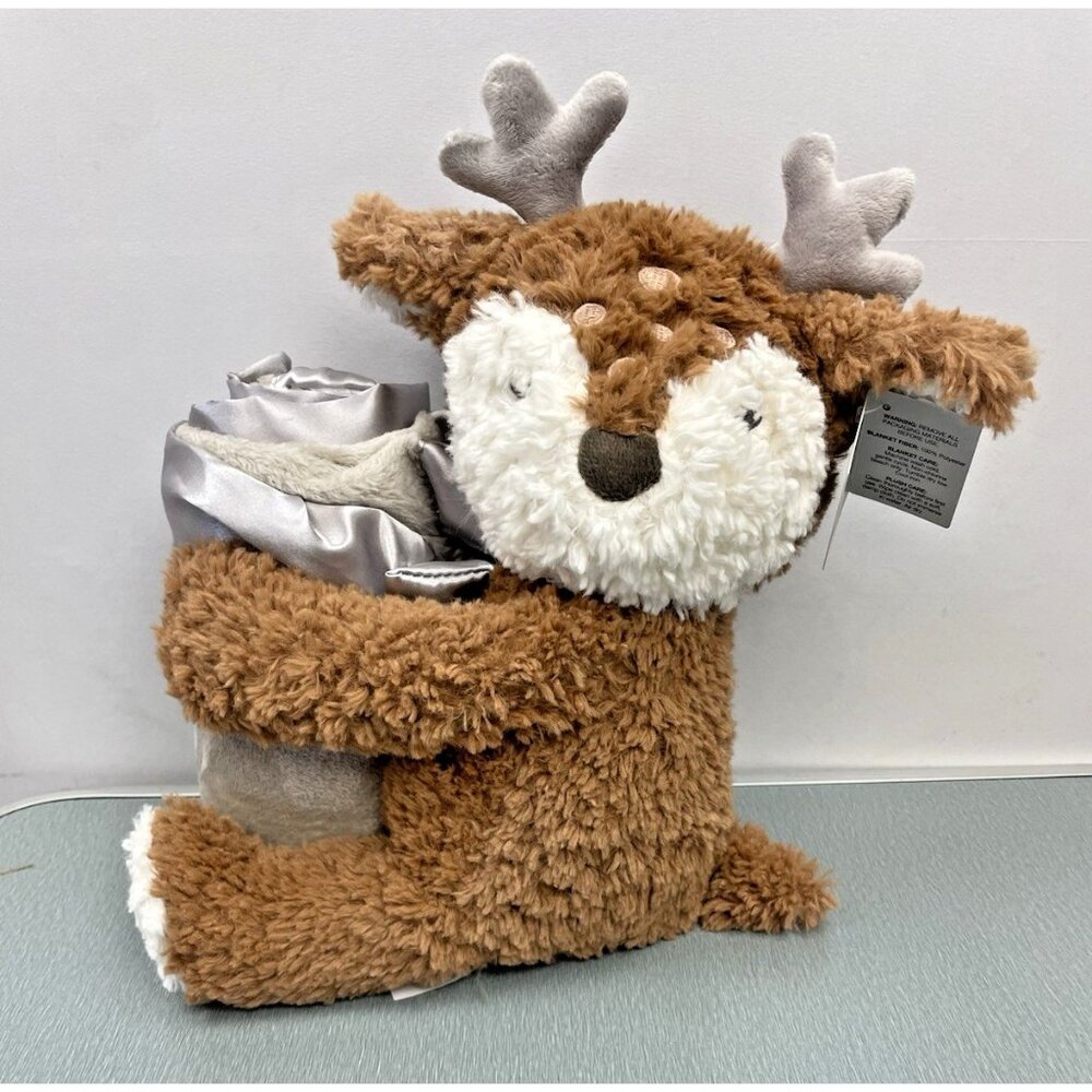 Moon and Stars Plush Brown Deer  & Soft Blanket With Satin Trim  41" x 36"